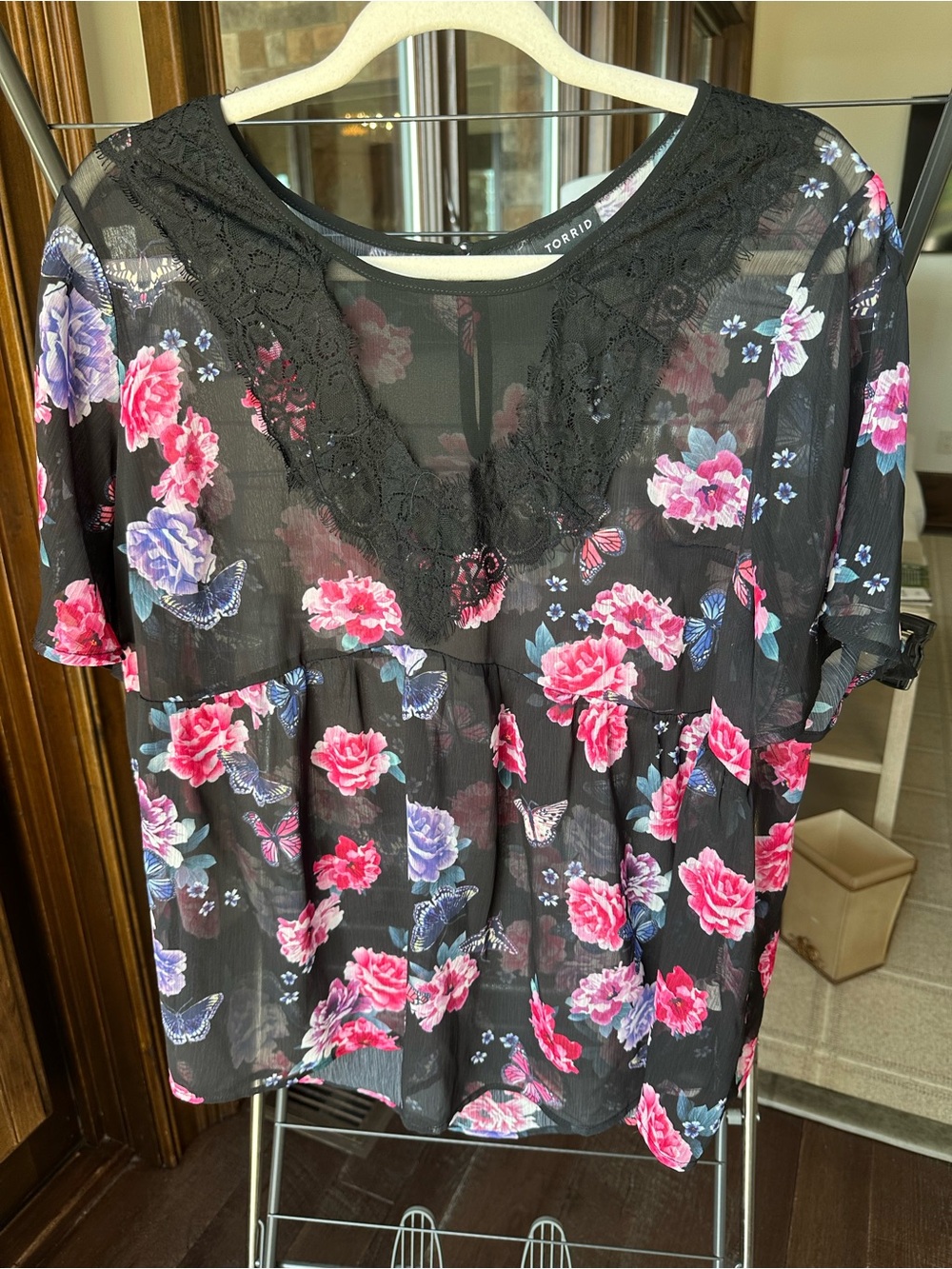 torrid Black Sheer Floral Lace-Trim Blouse